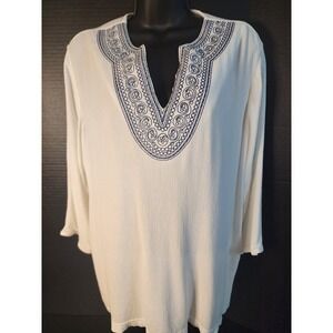 Cathy Daniels White Embroidered Tunic Top XL Navy Blue Split Neck 3/4 Sleeve